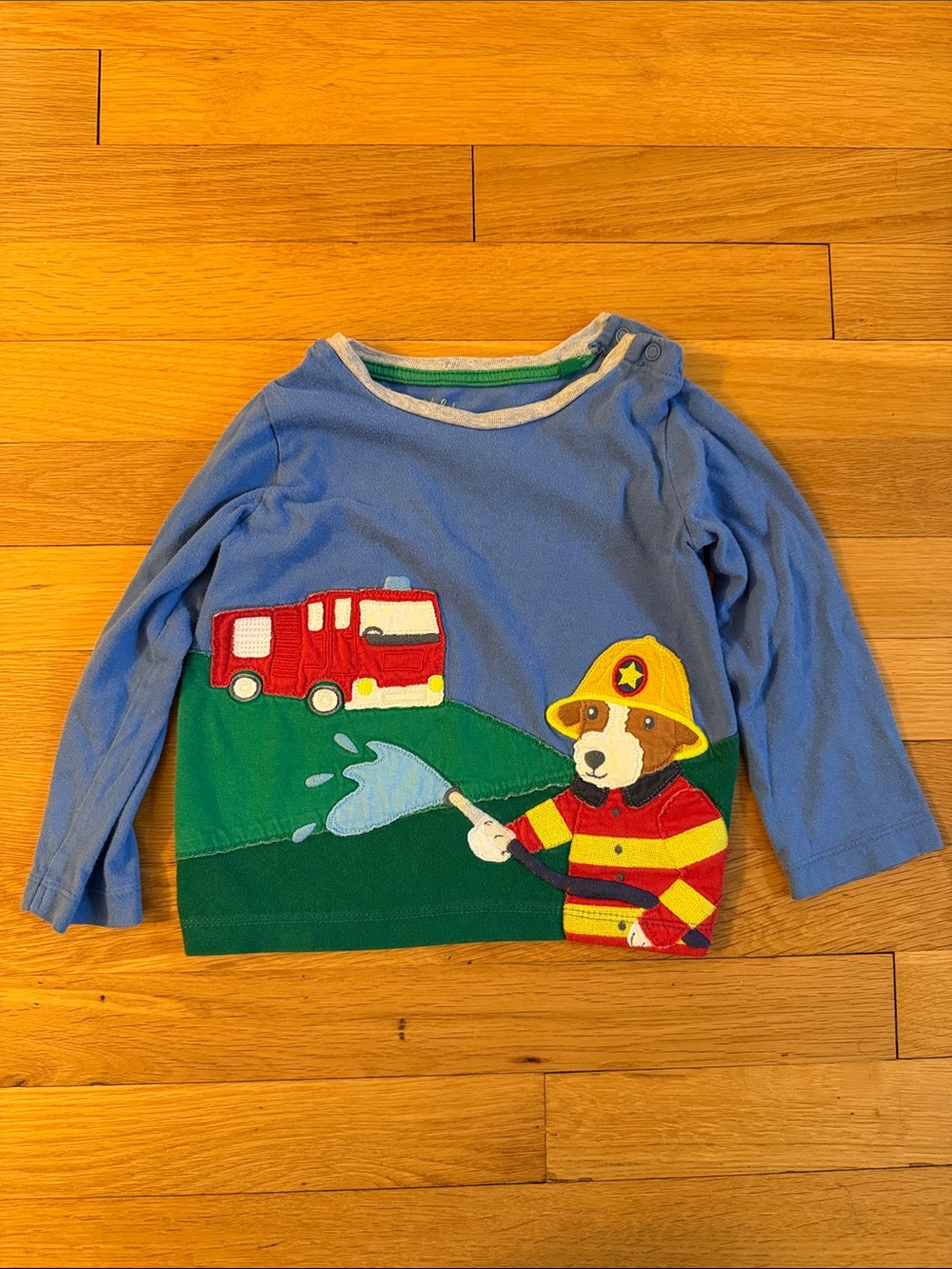 Baby Boden Blue Long-Sleeve Tee with Firefighter Dog and Firetruck Appliqué